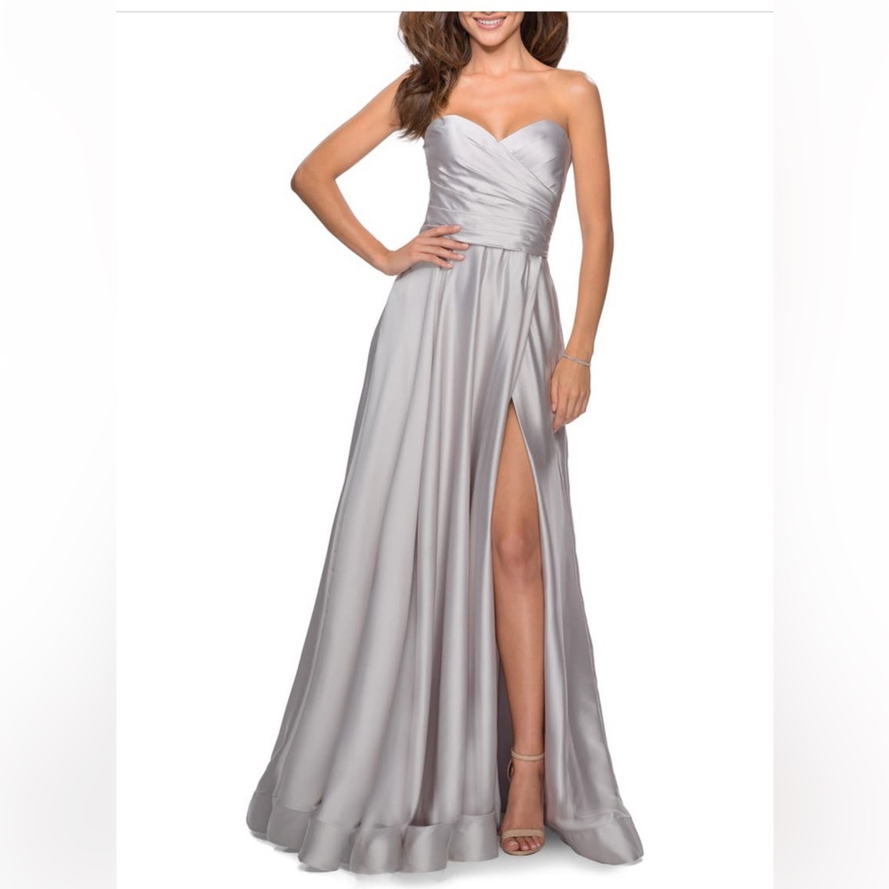 La Femme Strapless Slit Satin Ballgown